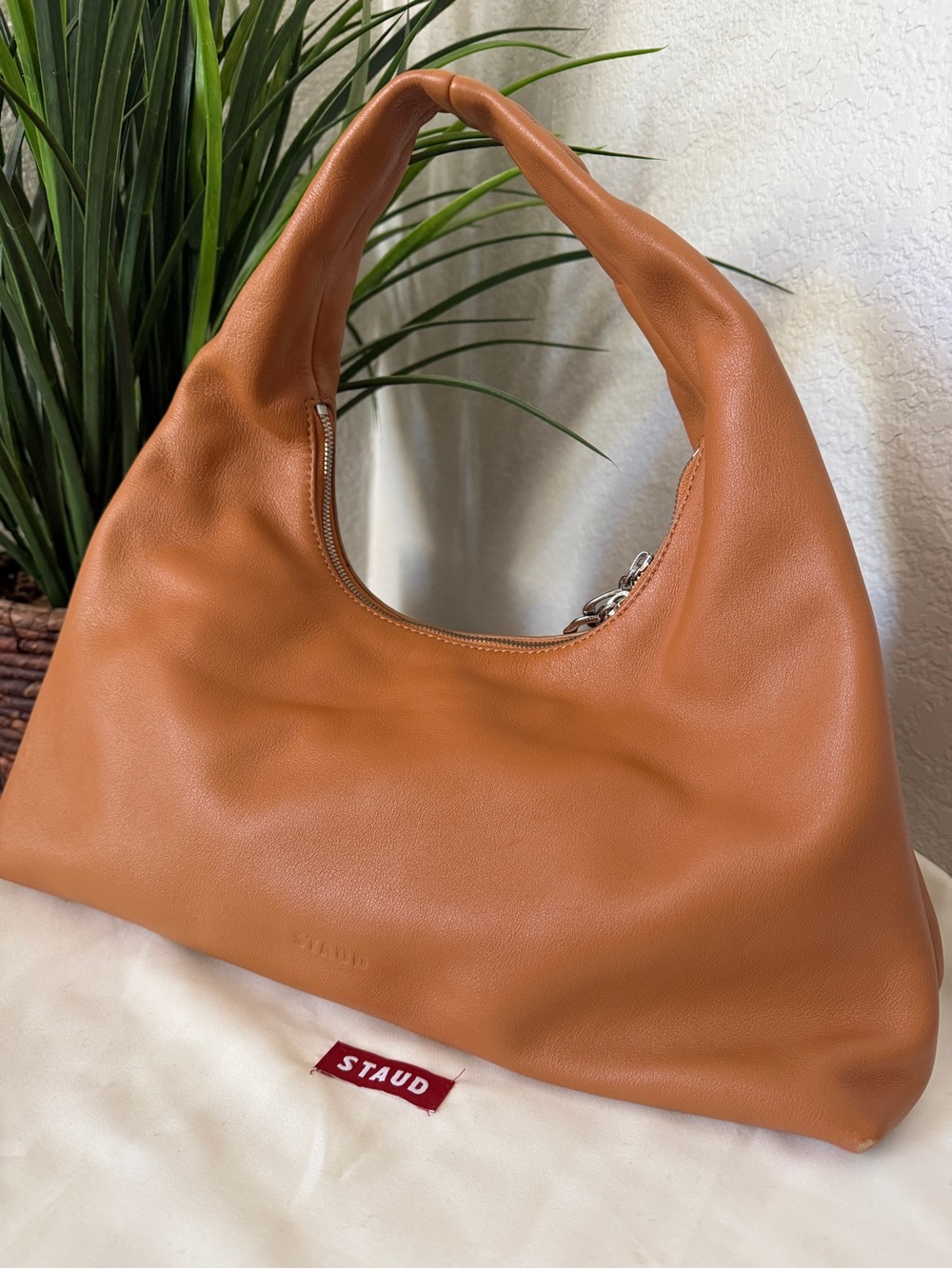 STAUD Enzo Medium Leather Shoulder Bag Cognac Tan Hobo